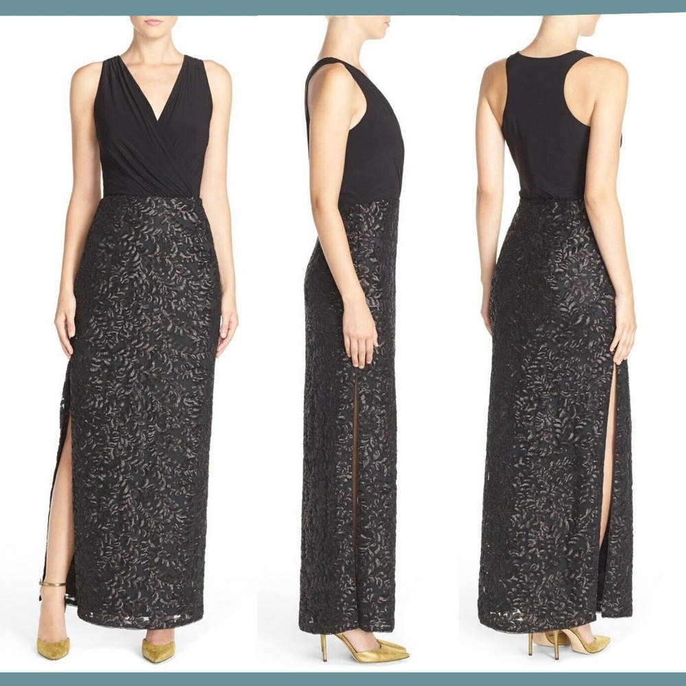 NEW! Aidan by Aidan Mattox Drape Jersey & Sequin Blouson‎ Gown Black [SZ 8 ]